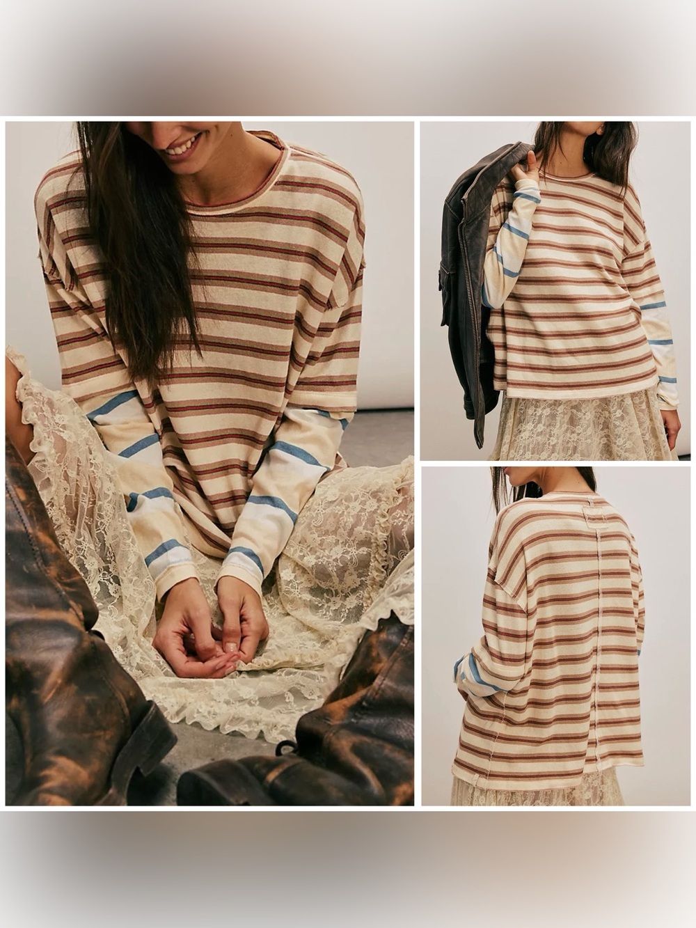 NWOT Free People We The Free Nina Stripe Long-Sleeve Tee - ivory neutral - S, M